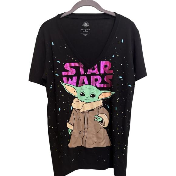 Disney Star Wars Baby Yoda Mandalorian V Neck Galaxy Print Pop Culture Tee LG - Picture 1 of 15